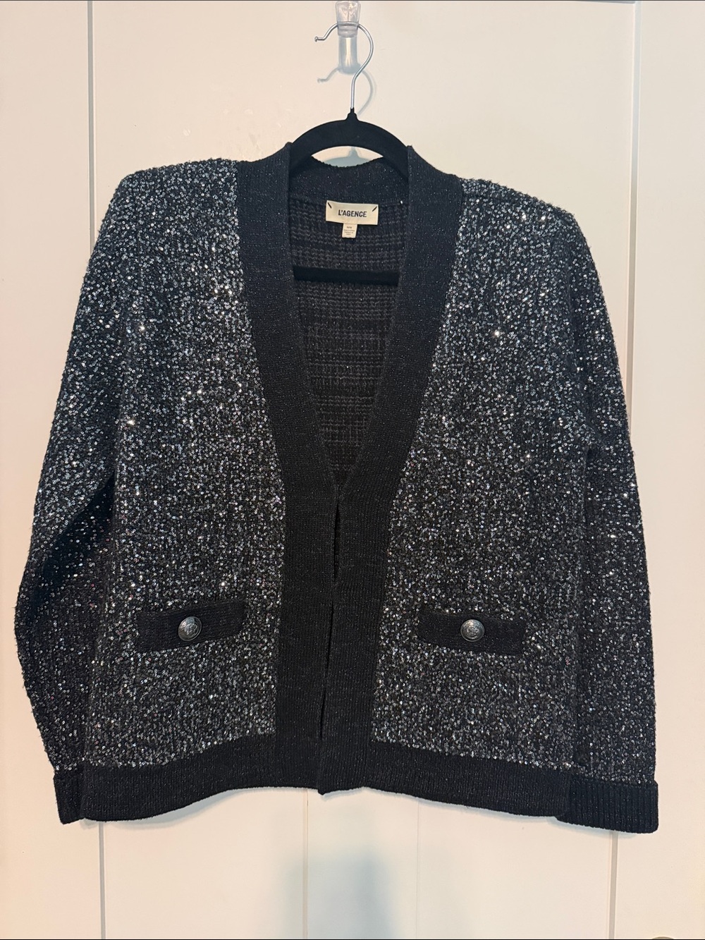 L'AGENCE Jinny Sequin Cardigan Black and Silver Sparkle Knit Open-Front Cardigan